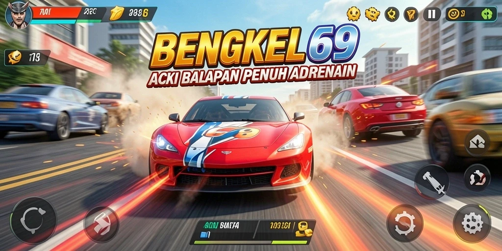 Gambaran gameplay menegangkan di BENGKEL69 saat balapan.