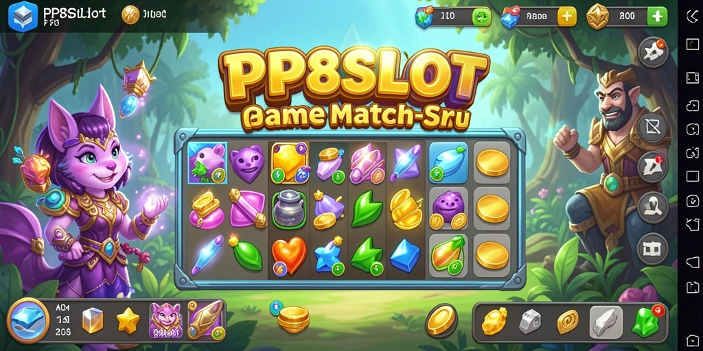 Tampilan gameplay seru PP8SLOT dengan level Match-3 yang penuh warna.