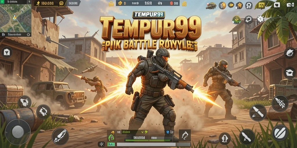 Screenshot TEMPUR99 menampilkan aksi intens di medan perang Battle Royale.