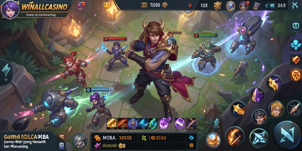 Tampilan aksi seru gameplay MOBA WINALLCASINO dengan pertarungan epik.