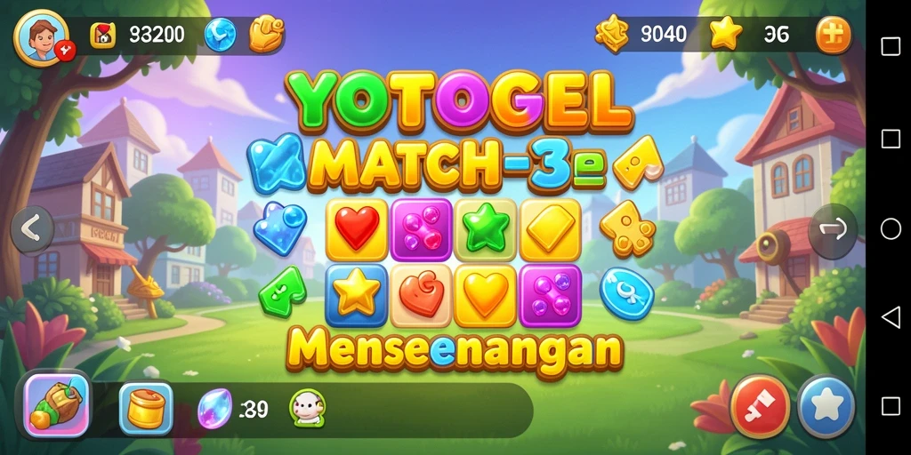 Screenshot menampilkan gameplay seru YOTOGEL dengan grafis Match-3 yang cerah.